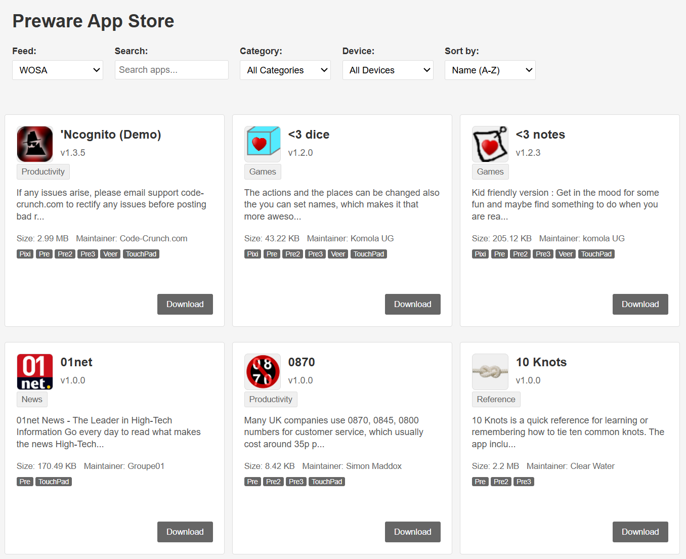 {Screenshot of the Preware feed web UI}